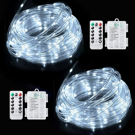 Morttic LED Rope Lights Battery Operated, 2 Pack Each 39Ft 100 LED Outdoor/Indoor Waterproof Fairy Lights, 8 Modes Dimmable/Timer Tube Lights with Remote for Garden Party Decoration Cool White
