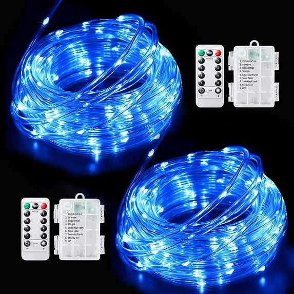 Morttic LED Rope Lights Battery Operated, 2 Pack Each 39Ft 100 LED Outdoor/Indoor Waterproof Fairy Lights, 8 Modes Dimmable/Timer Tube Lights with Remote for Garden Party Decoration Blue