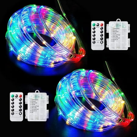 Morttic LED Rope Lights Battery Operated, 2 Pack Each 39Ft 100 LED Outdoor/Indoor Waterproof Fairy Lights, 8 Modes Dimmable/Timer Tube Lights with Remote for Garden Party Decoration Multicolor
