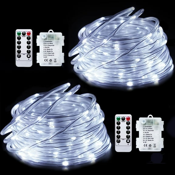Morttic LED Rope Lights Outdoor Waterproof 2 Pack Each 33Ft 100 LED Indoor Rope String Lights Battery Operated 8 Modes White Fairy Lights Tube with Remote for Pool Deck Porch Fence Camping Tree Decor