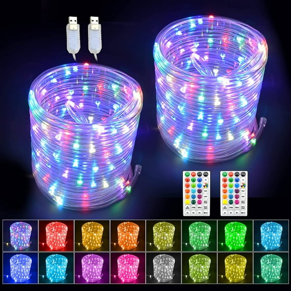 Morttic LED Rope Lights with USB Powered, 2 Pack X 33Ft 100 LEDs String Lights Outdoor Waterproof with Remote,16 Color Changing Fairy Tube Lights for Bedroom Garden Party Wedding Christmas