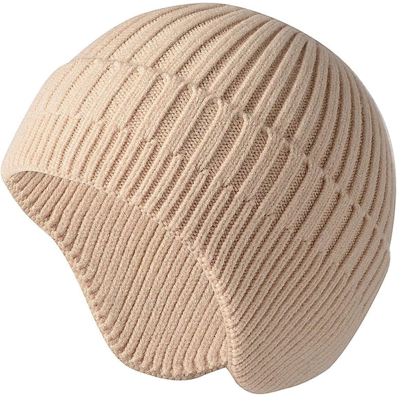 Morttic Men Knitted Hat Women Earflap Winter Hats Unisex Wool Cap Warm Skull Cap Slouchy with Ear Warmer (Biege)