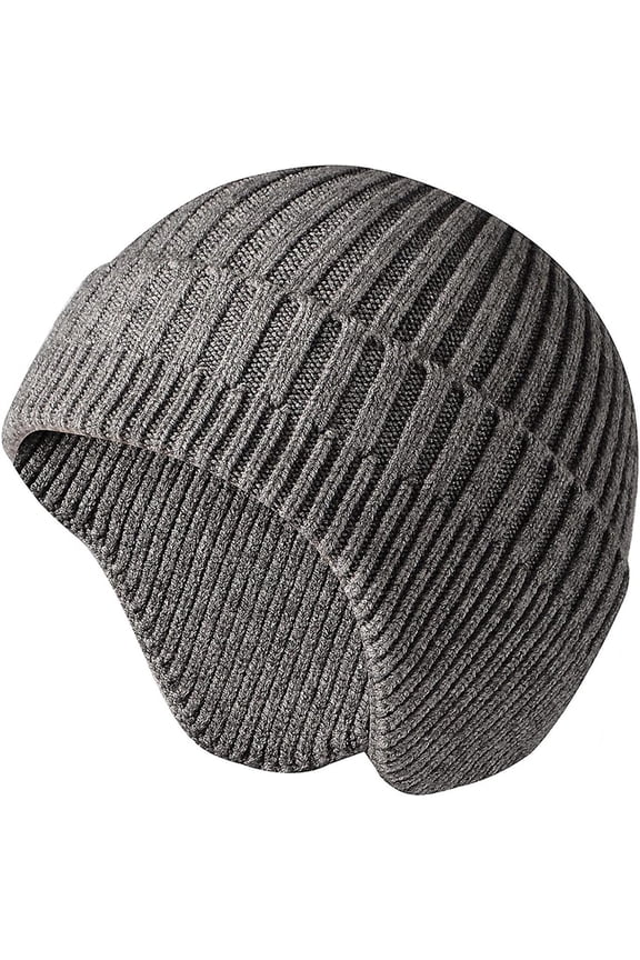 Men Knitted Hat Women Earflap Winter Hats Unisex Wool Cap Warm Skull Cap Slouchy with Ear Warmer (Grey)