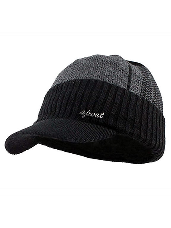 Men's Outdoor Newsboy Hat Winter Warm Thick Knit Beanie Cap Fleece Lined Skull Ski Cap with Visor