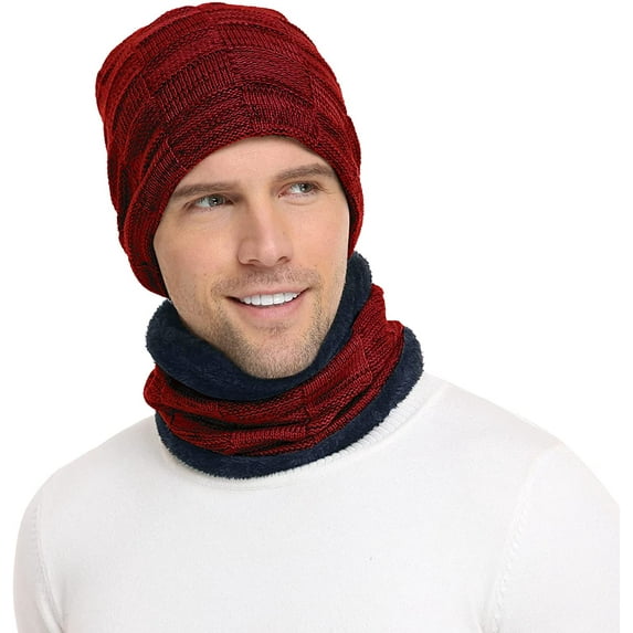 Morttic Mens Winter Beanie Hat Scarf Set Warm Fleece Lined Knit Ski Hats Slouchy Skull Cap (Wine Red)