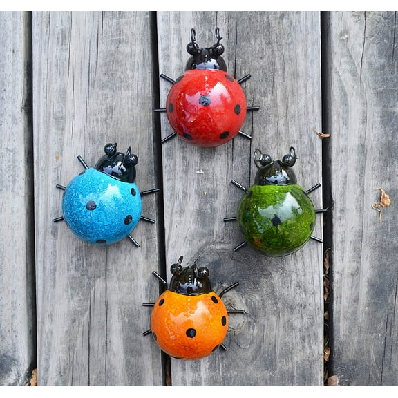 Morttic Metal Ladybugs Garden Wall Art Decorative Outdoor Wall Sculptures Set of 4