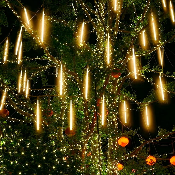 Morttic Meteor Shower Lights Outdoor, 11.8 Inches 8 Tubes 192 LED Snowfall Lights, Waterproof Hanging Falling Rain Lights for Tree Bushes Holiday Party Christmas Decoration,Warm White