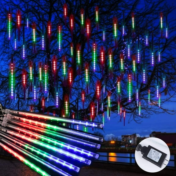 Morttic Meteor Shower Lights Outdoor, 11.8 Inches 8 Tubes 192 LED Snowfall Lights, Waterproof Hanging Falling Rain Lights for Tree Bushes Holiday Party Christmas Decoration,Multicolor