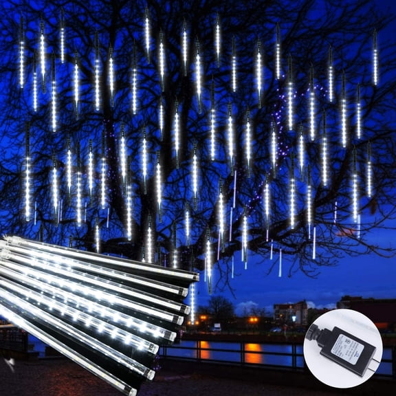 Morttic Meteor Shower Lights Outdoor, 11.8 Inches 8 Tubes 192 LED Snowfall Lights, Waterproof Hanging Falling Rain Lights for Tree Bushes Holiday Party Christmas Decoration,White