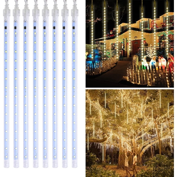 Morttic Meteor Shower Lights Outdoor,11.8 inch 8 Tubes 192 LED Snow Falling String Lights,Waterproof Rain Drop Cascading Icice Lights for Christmas Tree Garden Party Deocration,Warm White