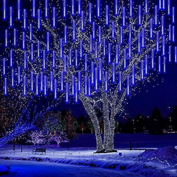 Morttic Meteor Shower Lights, Outdoor Falling Rain Lights 12 inch 8 Tube 192 LED Snow Falling Icicle Cascading Lights for Xmas Tree Halloween Decoration Wedding Party, Blue