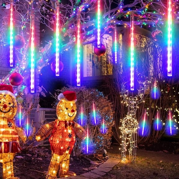 Morttic Meteor Shower Rain Light, 8 Tubes 192 Led 30cm Waterfall Raindrop Icicle Christmas Light Outdoor, Waterproof Plug in String Light for Xmas Holiday Party Wedding Valentine Day -Multicolor