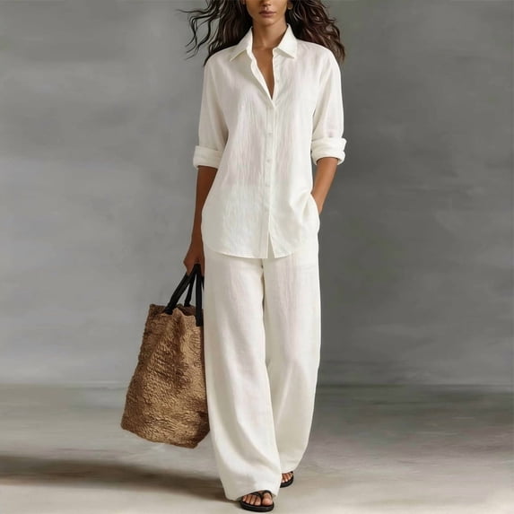 Morttic Plus Size Two Piece Set – V-Neck Button Front Shirt & Wide Leg Pants with Pockets Solid Color Casual Wear Beige,S