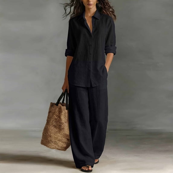Morttic Plus Size Two Piece Set – V-Neck Button Front Shirt & Wide Leg Pants with Pockets Solid Color Casual Wear Black,4XL