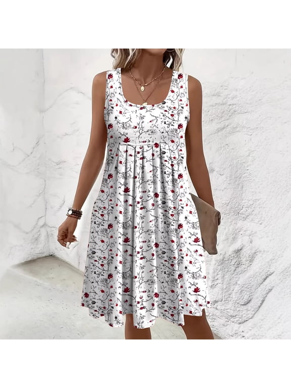 Plus Size Women Floral U-Neck Pleated Sleeveless Tank Sundress Loose Flowy A-Line Summer Casual Beach Dress White,XL