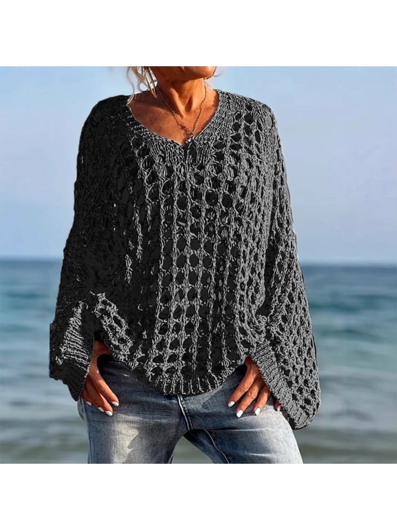Plus Size Women Solid Color Crochet Knit Sweater – V-Neck Batwing Long Sleeve Loose Beach Cover Up Pullover Black,2XL