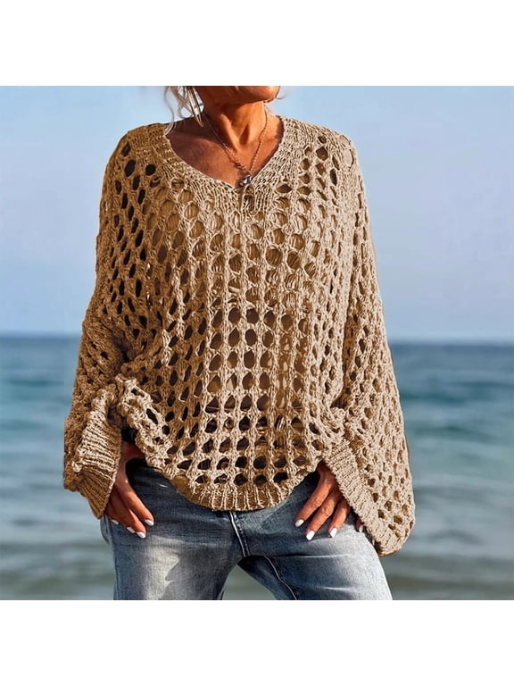 Plus Size Women Solid Color Crochet Knit Sweater – V-Neck Batwing Long Sleeve Loose Beach Cover Up Pullover Khaki,XL