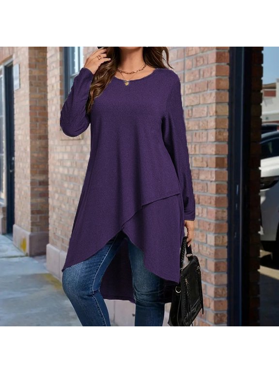 Plus Size Women's Casual Long Sleeve Crew Neck Tunic Top Loose Fit Cross Overlay Asymmetric Hem Purple,3XL