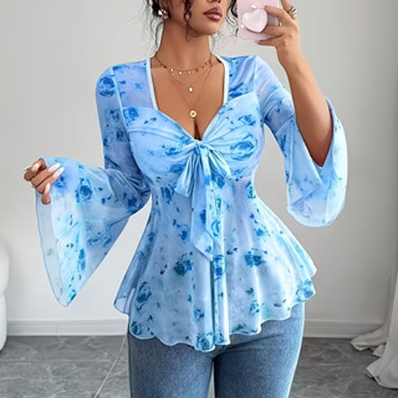 Morttic Plus Size Women's Elegant Floral Print V-Neck Front Tie Flare Sleeve Peplum Sheer Chiffon Blouse Vacation Wear Lake Blue,2XL