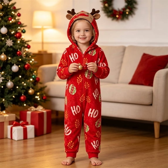 Morttic Family Reindeer Hood Letter Print Matching Christmas Onesie – Full Zip Long Sleeve & Pants Romper Holiday Loungewear,9M