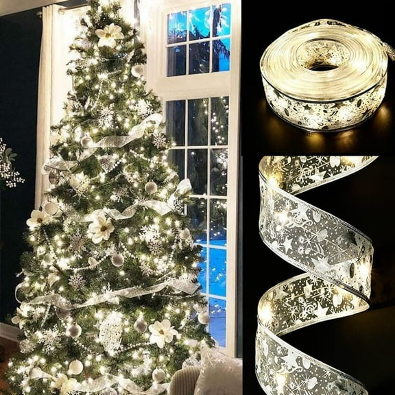 Morttic Ribbon Fairy Lights ,6.5FT 20 LEDs Ribbon Christmas Lights, Decoration Glow Ribbon Lights for Christmas Tree DIY Lace Bow Holiday Indoor Outdoor Decor (Silver Ribbon+White Light)
