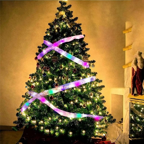 Morttic Ribbon Fairy Lights ,6.5FT 20 LEDs Ribbon Christmas Lights, Decoration Glow Ribbon Lights for Christmas Tree DIY Lace Bow Holiday Indoor Outdoor Decor (Gold Ribbon+Colorful Light)