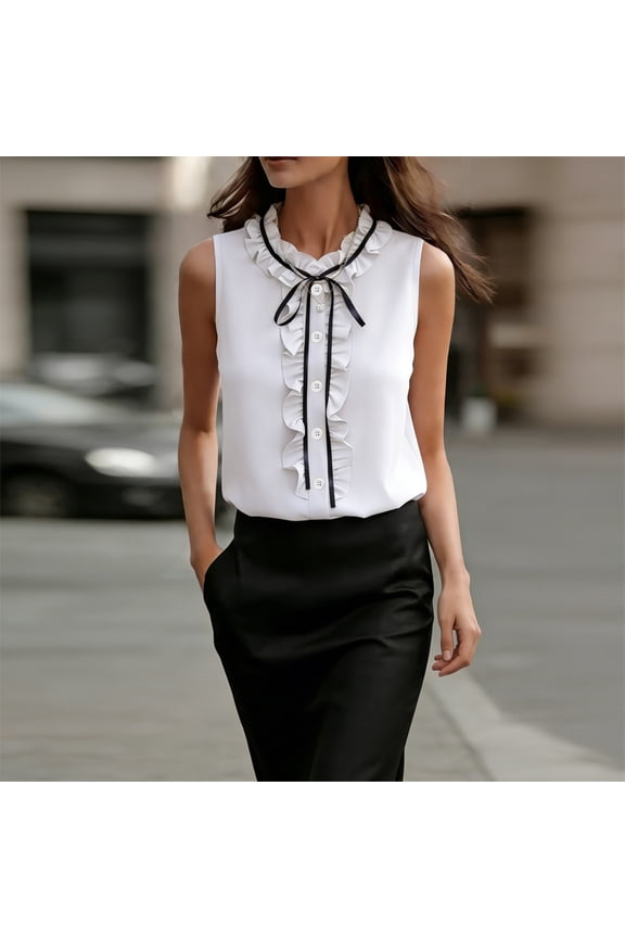 Satin Ruffle Collar Bow Tie Blouse for Women – Sleeveless Button Front Top Solid Color Summer Office Wear White,XXL
