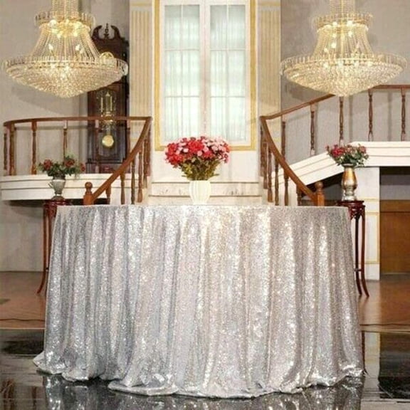 Morttic Silver 31.5’’ Sequin Tablecloth Runners Glitter Wedding Party Round Table Cloth Table Linens Christmas Birthday Party Decor