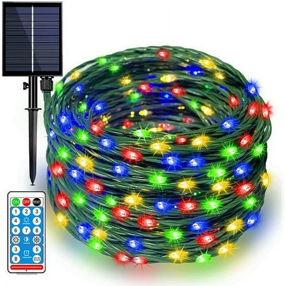 Morttic Solar Fairy Lights Outdoor ,Waterproof 98ft 300 LED Solar String Lights 8 Modes Dark Green Leather Wire Lights for Tree Garden Patio Wedding Party Yard Christmas Decor Multicolor