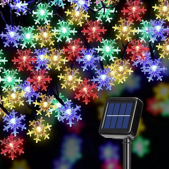 Morttic Solar Snowflake String Lights, 30 LED 21.3 FT Outdoor Christmas Fairy Lights, 8 Lighting Modes & Waterproof for Holiday New Year Wedding Party, Xmas Tree, Garden Decor Muticolor