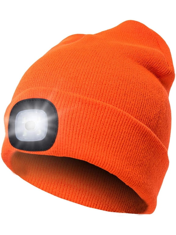 Unisex Beanie Hat with Light, USB Rechargeable Hands Free LED Headlamp Hat, Knitted Night Light Beanie Cap Flashlight Hat, Gifts for Men Dad Father Husband (Orange)