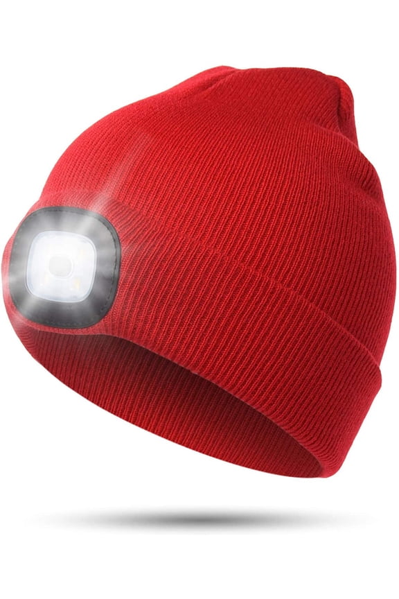 Unisex Beanie Hat with Light, USB Rechargeable Hands Free LED Headlamp Hat, Knitted Night Light Beanie Cap Flashlight Hat, Gifts for Men Dad Father Husband (Red)