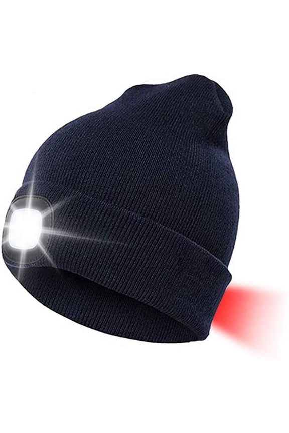 Unisex Beanie Hat with Light, USB Rechargeable Winter Knit Lighted Headlight Headlamp Cap Flashlight Hat with 3 Brightness Levels Lighting and Flashing Alarm,Gifts for Men Women (Navy)