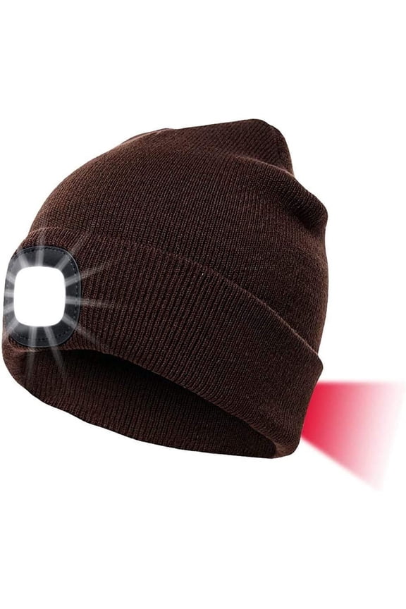 Unisex Beanie Hat with Light, USB Rechargeable Winter Knit Lighted Headlight Headlamp Cap Flashlight Hat with 3 Brightness Levels Lighting and Flashing Alarm,Gifts for Men Women (Brown)