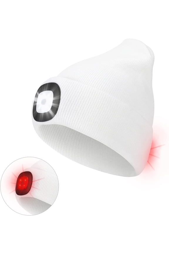 Unisex Beanie Hat with Light, USB Rechargeable Winter Knit Lighted Headlight Headlamp Cap Flashlight Hat with 3 Brightness Levels Lighting and Flashing Alarm,Gifts for Men Women (White)