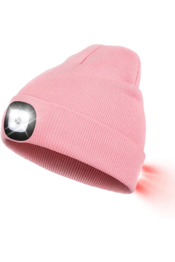 Unisex Beanie Hat with Light, USB Rechargeable Winter Knit Lighted Headlight Headlamp Cap Flashlight Hat with 3 Brightness Levels Lighting and Flashing Alarm,Gifts for Men Women (Pink)