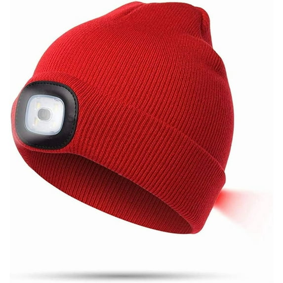 Morttic Unisex Beanie Hat with Light, USB Rechargeable Winter Knit Lighted Headlight Headlamp Cap Flashlight Hat with 3 Brightness Levels Lighting and Flashing Alarm,Gifts for Men Women (Red)