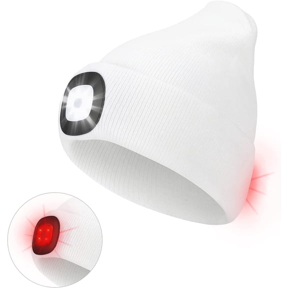Morttic Unisex Beanie Hat with Light, USB Rechargeable Winter Knit Lighted Headlight Headlamp Cap Flashlight Hat with 3 Brightness Levels Lighting and Flashing Alarm,Gifts for Men Women (White)