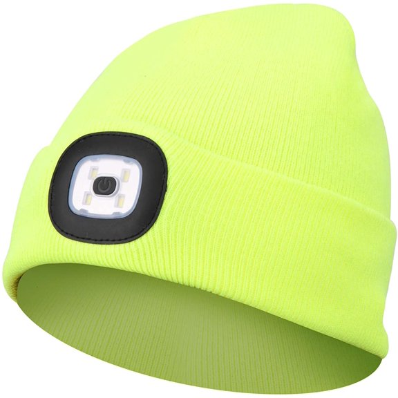 Morttic Unisex Beanie Hat with Light, USB Rechargeable LED Headlamp Beanie, Gifts for Dad Father Men Husband Warm Knitted Cap (Fcuorescent Yellow)
