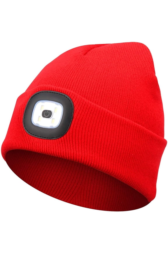 Unisex Beanie Hat with Light, USB Rechargeable LED Headlamp Beanie, Gifts for Dad Father Men Husband Warm Knitted Cap (Red)