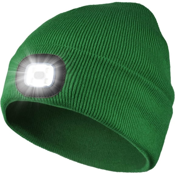 Morttic Unisex Beanie with Light, Rechargeable Warm Winter Knitted Beanie Cap with Bright LED Headlamp for Hiking, Biking, Camping (Green)