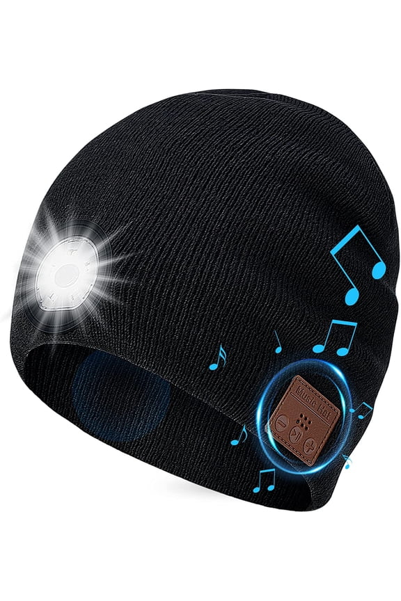Unisex Bluetooth Beanie Hat with LED Light ,Wireless Musical Knitted Cap with Headphone Stereo Speakers & Mic for Running Hiking Jogging Black