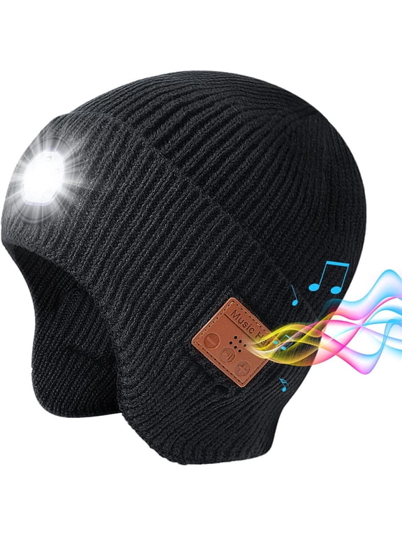Unisex Bluetooth Beanie Hat with Light ,Build in Stereo Speakers and Mic, Women Women Winter Warmer Knit Headlamp Hat with Ear Protection for Running Hiking, Fishing, Camping, Hunting (Black)