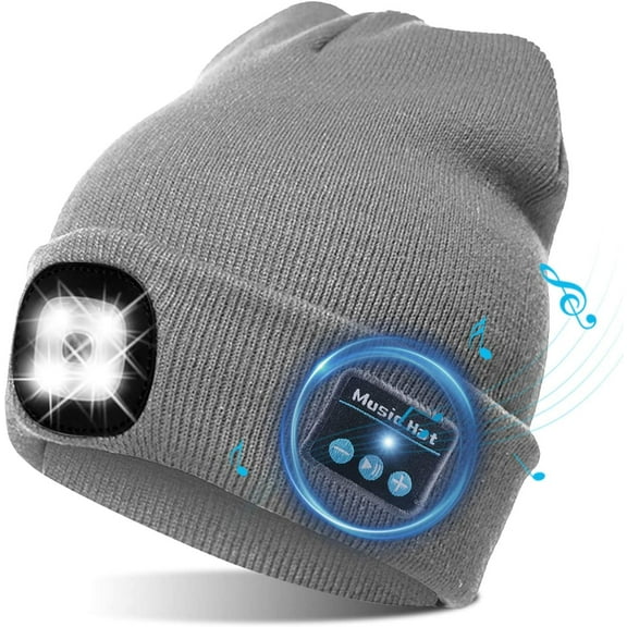 Morttic Unisex Bluetooth Beanie Hat with Light, Upgraded Musical Knitted Cap with Headphone and Built-in Stereo Speakers & Mic, Headlamp Hat for Outdoor Sports Running Hiking (Grey)