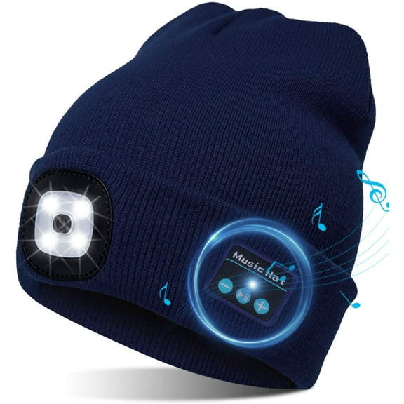 Morttic Unisex Bluetooth Beanie Hat with Light, Upgraded Musical Knitted Cap with Headphone and Built-in Stereo Speakers & Mic, Headlamp Hat for Outdoor Sports Running Hiking (Navy Blue)