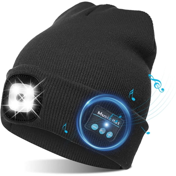 Morttic Unisex Bluetooth Beanie Hat with Light, Upgraded Musical Knitted Cap with Headphone and Built-in Stereo Speakers & Mic, Headlamp Hat for Outdoor Sports Running Hiking (Black)