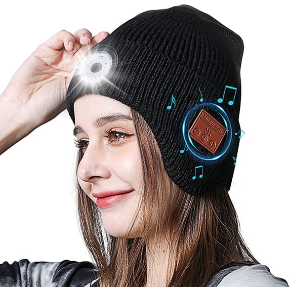 Morttic Bluetooth Beanie Hat with Light, Built-in Microphone and Stereo Speakers Upgrade Musical Knitted Hat, Unisex USB Rechargeable Headphones Hat,LED Headlamp Cap for Men Women Black