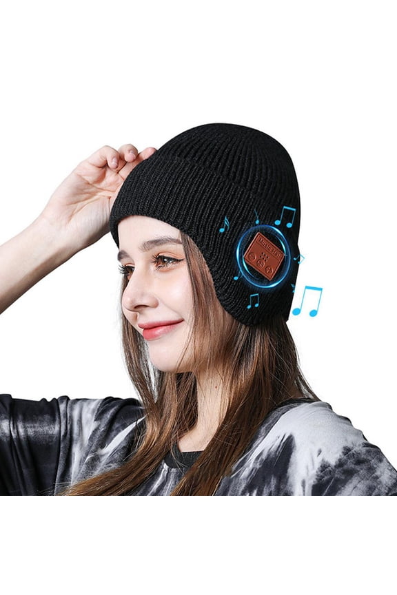 Unisex Bluetooth Beanie Hat, Winter Warm Earflap Hat Wireless Headphone Earphone Stereo Speaker Mic Cap for Women Men Outdoor Skiing Hiking Black