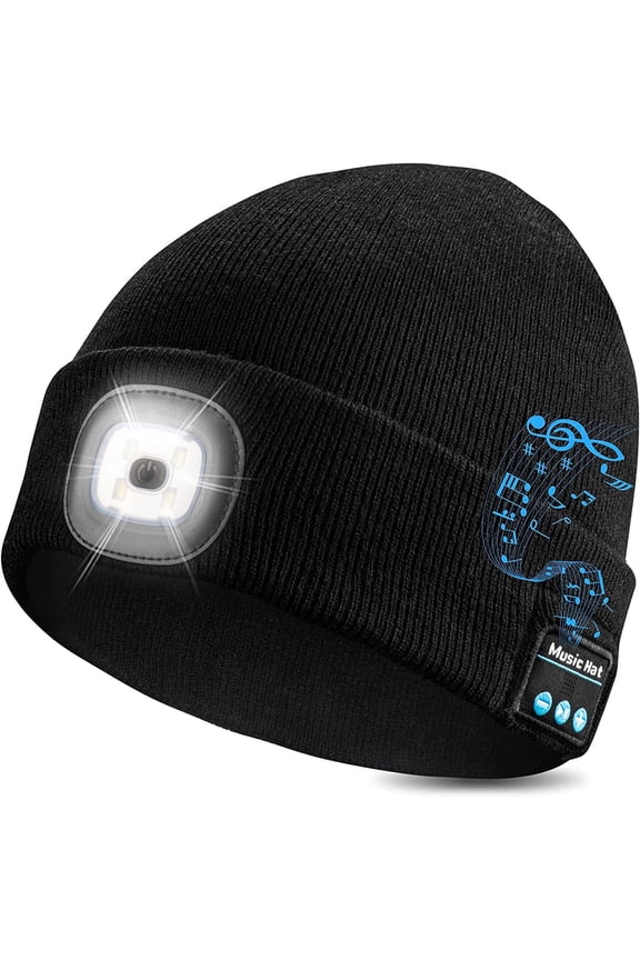 Unisex Bluetooth Beanie Hat with LED Headlight Upgraded Handsfree Musical Knitted Cap for Men Women Gifts, Black