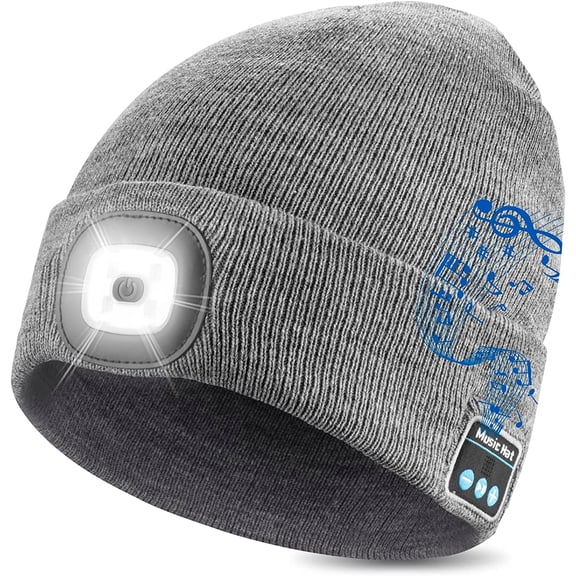 Morttic Unisex Bluetooth Beanie Hat with LED Headlight Upgraded Handsfree Musical Knitted Cap for Men Women Gifts, Gray